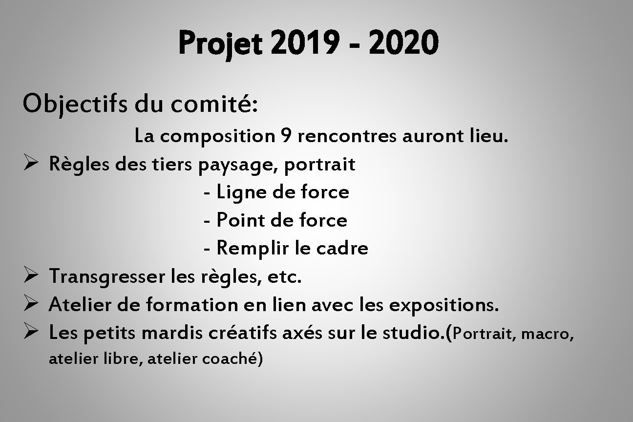 Projet 2019 - 2020 Objectifs du comité: Ø Ø La composition 9 rencontres auront