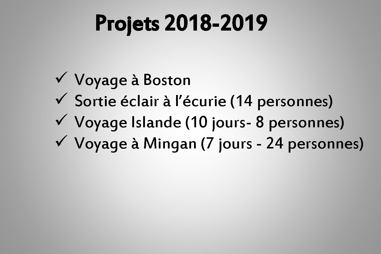 Projets 2018 -2019 ü ü Voyage à Boston Sortie éclair à l’écurie (14 personnes)
