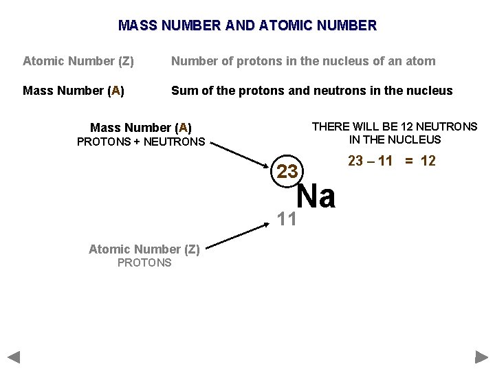 MASS NUMBER AND ATOMIC NUMBER Atomic Number (Z) Number of protons in the nucleus