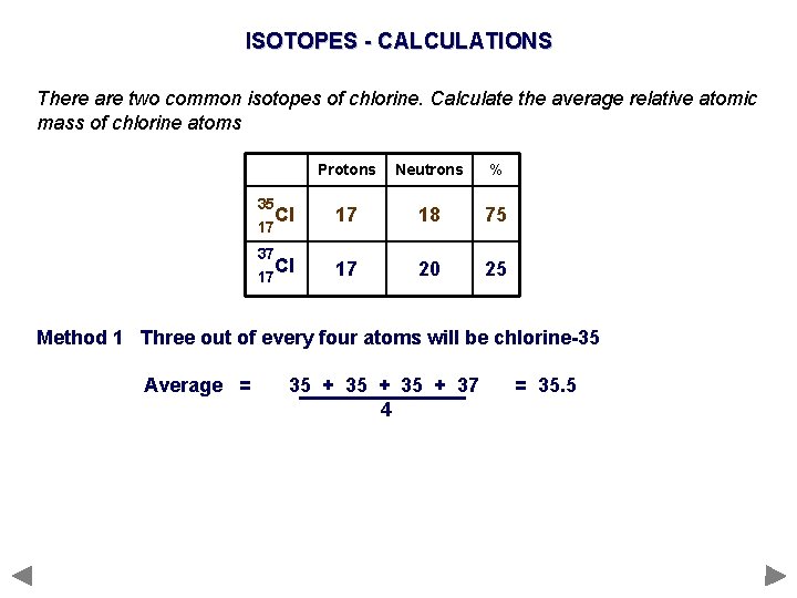 ISOTOPES - CALCULATIONS There are two common isotopes of chlorine. Calculate the average relative