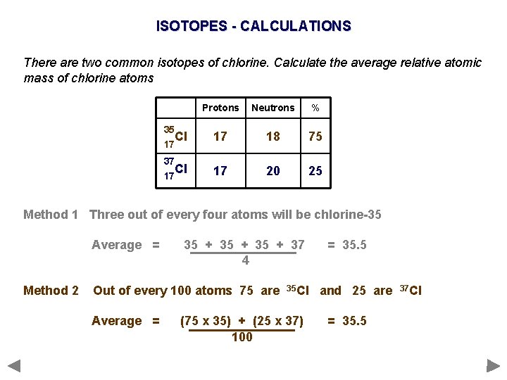 ISOTOPES - CALCULATIONS There are two common isotopes of chlorine. Calculate the average relative