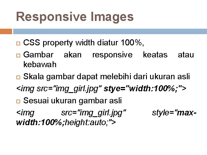Responsive Images CSS property width diatur 100%, Gambar akan responsive keatas atau kebawah Skala