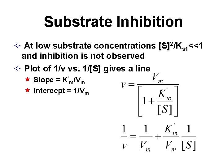 Substrate Inhibition At low substrate concentrations [S]2/Ks 1<<1 and inhibition is not observed Plot