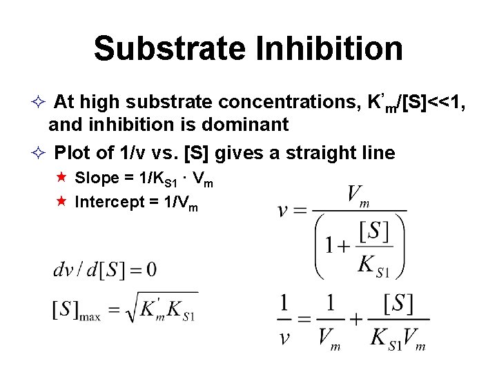 Substrate Inhibition At high substrate concentrations, K’m/[S]<<1, and inhibition is dominant Plot of 1/v