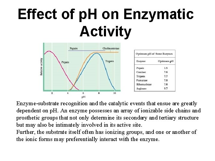 Effect of p. H on Enzymatic Activity Enzyme-substrate recognition and the catalytic events that