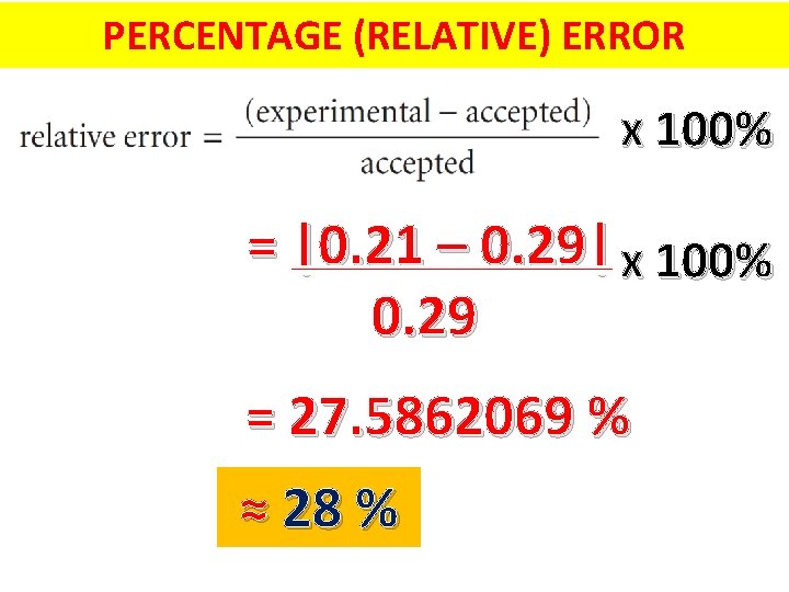 PERCENTAGE (RELATIVE) ERROR X 100% = |0. 21 – 0. 29| X 100% 0.