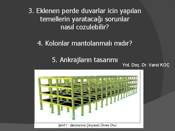 3. Eklenen perde duvarlar icin yapılan temellerin yaratacağı sorunlar nasıl cozulebilir? 4. Kolonlar mantolanmalı