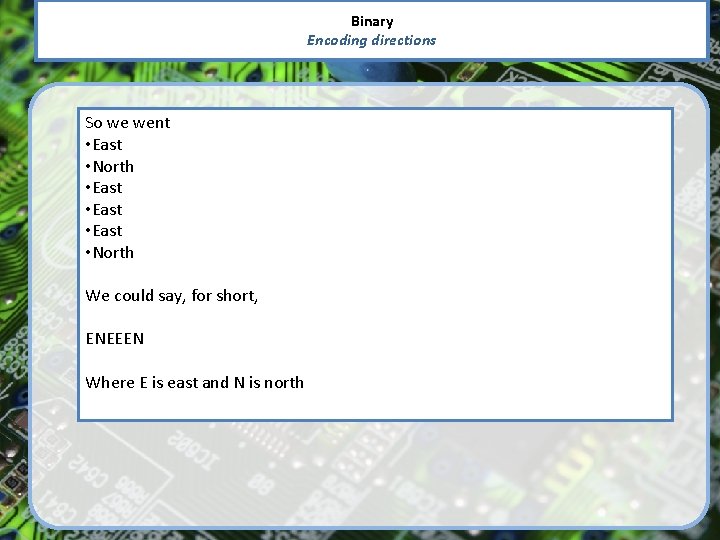 Binary Encoding directions So we went • East • North • East • North