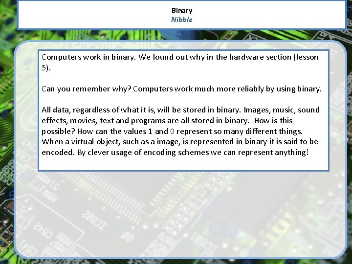 Binary Nibble Computers work in binary. We found out why in the hardware section