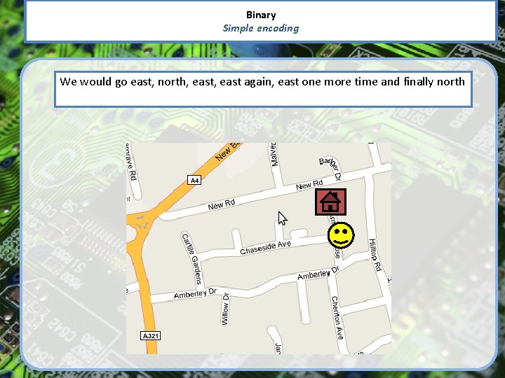 Binary Simple encoding We would go east, north, east again, east one more time
