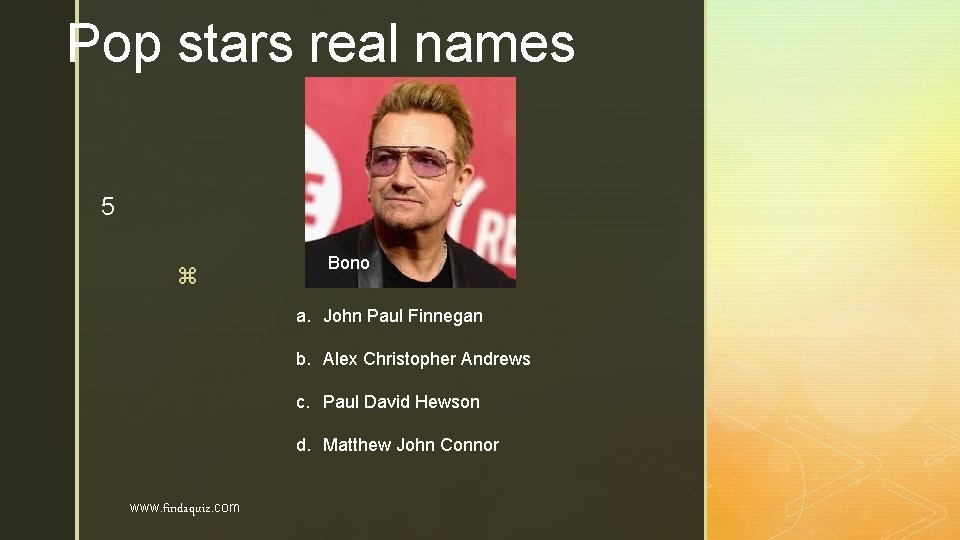 Pop stars real names 5 z Bono a. John Paul Finnegan b. Alex Christopher