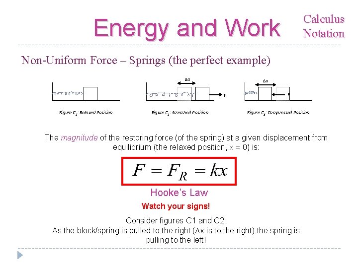 Calculus Notation Energy and Work Non-Uniform Force – Springs (the perfect example) Δx Δx
