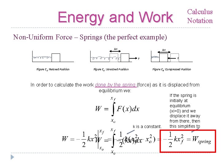 Calculus Notation Energy and Work Non-Uniform Force – Springs (the perfect example) Δx Δx