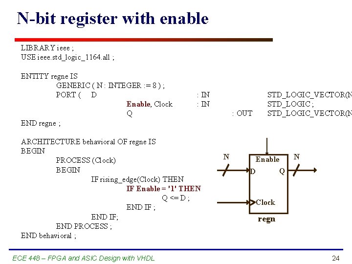 N-bit register with enable LIBRARY ieee ; USE ieee. std_logic_1164. all ; ENTITY regne