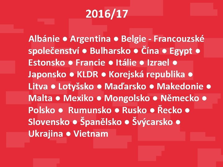 2016/17 Albánie ● Argentina ● Belgie - Francouzské společenství ● Bulharsko ● Čína ●