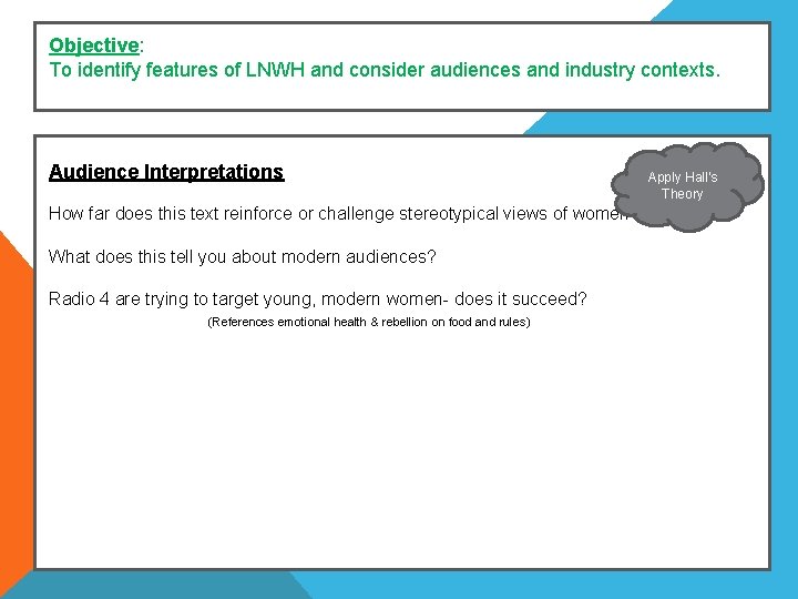 Objective: To identify features of LNWH and consider audiences and industry contexts. Audience Interpretations