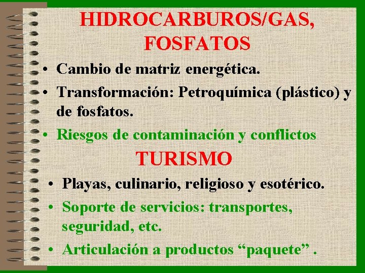 HIDROCARBUROS/GAS, FOSFATOS • Cambio de matriz energética. • Transformación: Petroquímica (plástico) y de fosfatos.