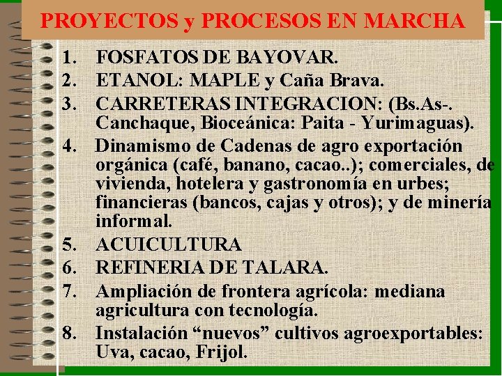 PROYECTOS y PROCESOS EN MARCHA 1. FOSFATOS DE BAYOVAR. 2. ETANOL: MAPLE y Caña