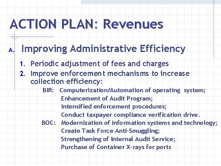 ACTION PLAN: Revenues A. Improving Administrative Efficiency 1. Periodic adjustment of fees and charges