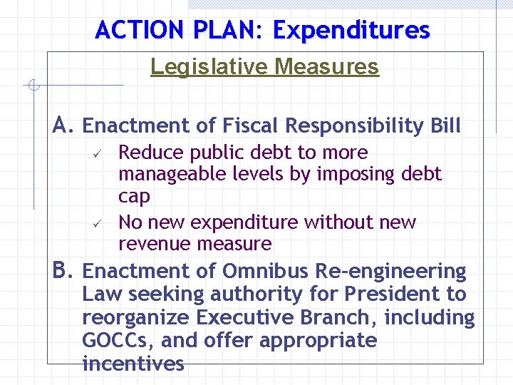 ACTION PLAN: Expenditures Legislative Measures A. Enactment of Fiscal Responsibility Bill ü ü Reduce