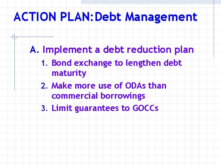 ACTION PLAN: Debt Management A. Implement a debt reduction plan 1. Bond exchange to