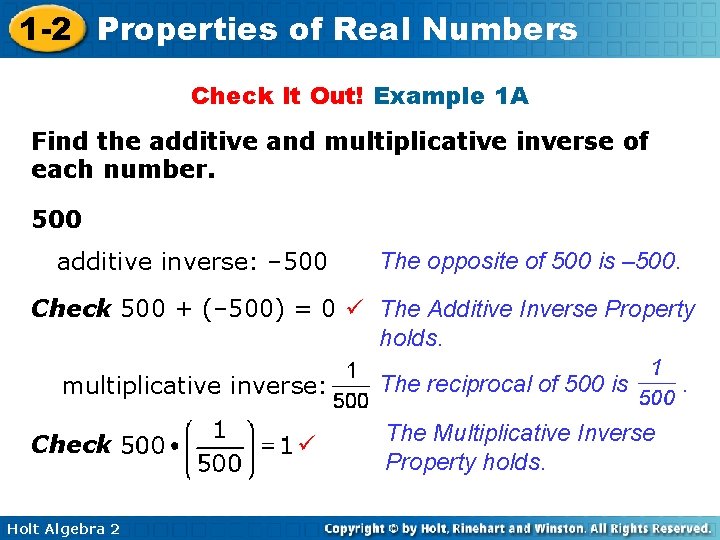1 -2 Properties of Real Numbers Check It Out! Example 1 A Find the