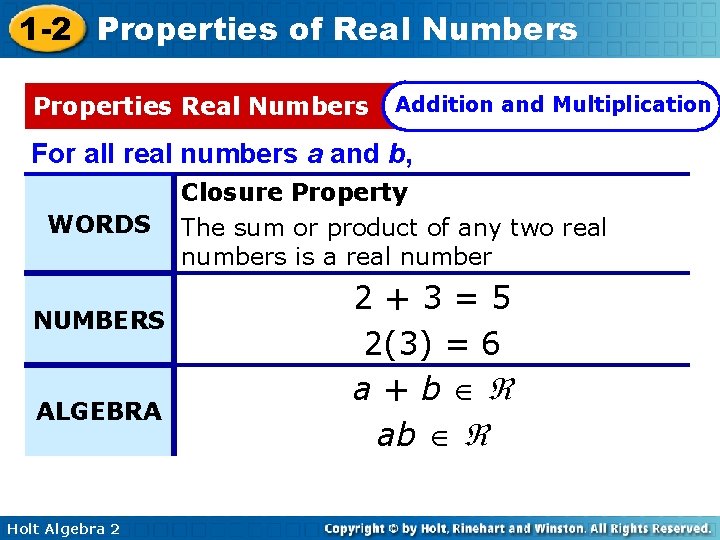 1 -2 Properties of Real Numbers Properties Real Numbers Addition and Multiplication For all
