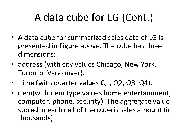 A data cube for LG (Cont. ) • A data cube for summarized sales A data cube for LG (Cont. ) • A data cube for summarized sales
