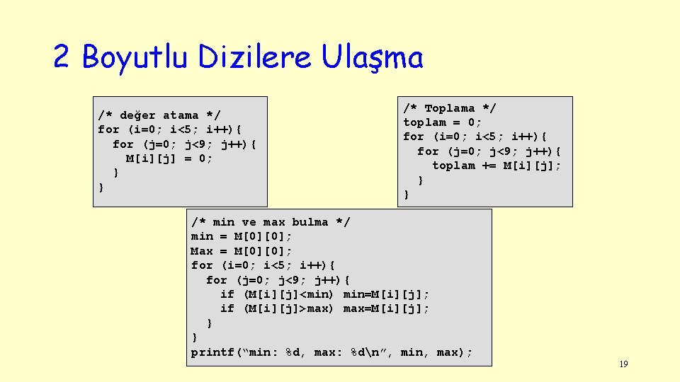 2 Boyutlu Dizilere Ulaşma /* değer atama */ for (i=0; i<5; i++){ for (j=0;