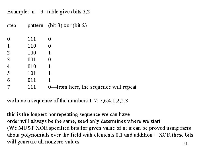 Example: n = 3 --table gives bits 3, 2 step pattern (bit 3) xor