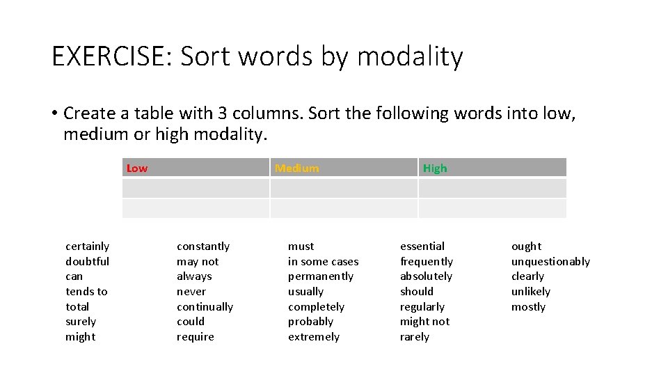 EXERCISE: Sort words by modality • Create a table with 3 columns. Sort the