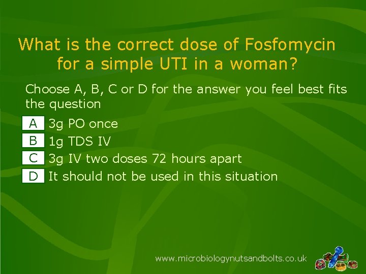 What is the correct dose of Fosfomycin for a simple UTI in a woman? What is the correct dose of Fosfomycin for a simple UTI in a woman?