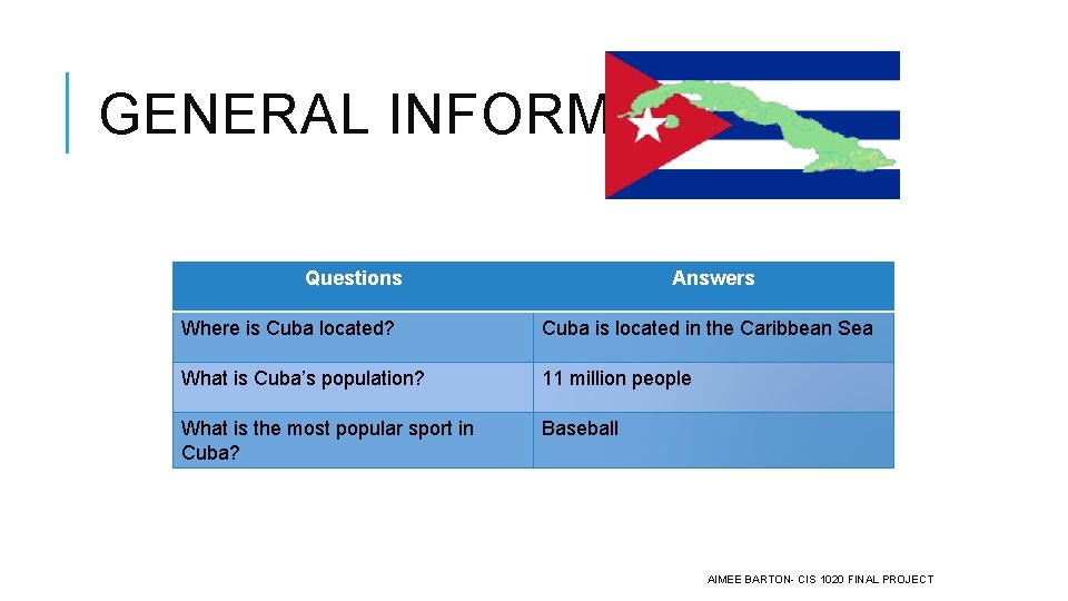 GENERAL INFORMATION Questions Answers Where is Cuba located? Cuba is located in the Caribbean