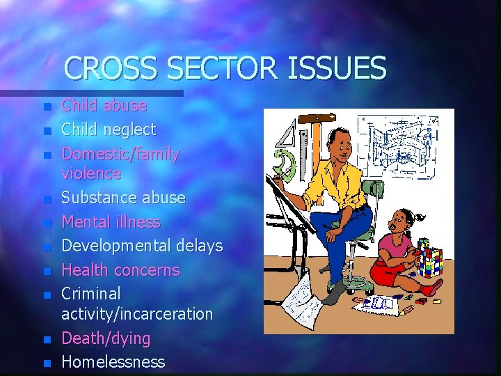 CROSS SECTOR ISSUES n n n n n Child abuse Child neglect Domestic/family violence