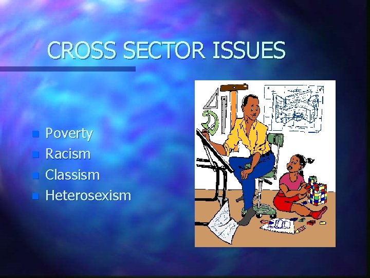 CROSS SECTOR ISSUES n n Poverty Racism Classism Heterosexism 