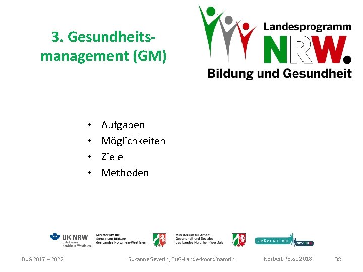 3. Gesundheitsmanagement (GM) • • Bu. G 2017 – 2022 Aufgaben Möglichkeiten Ziele Methoden