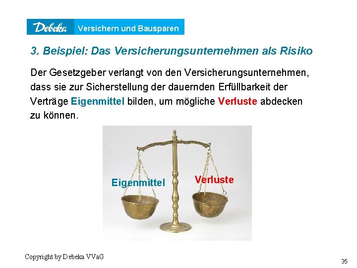 Versichern und Bausparen 3. Beispiel: Das Versicherungsunternehmen als Risiko Der Gesetzgeber verlangt von den