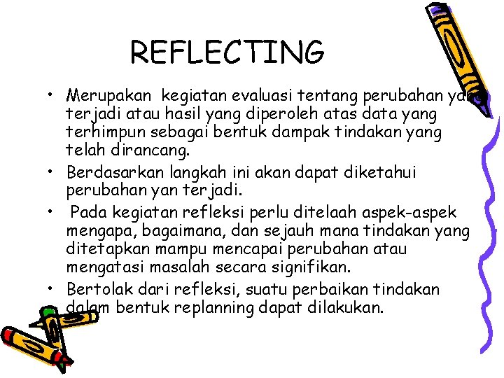 REFLECTING • Merupakan kegiatan evaluasi tentang perubahan yang terjadi atau hasil yang diperoleh atas