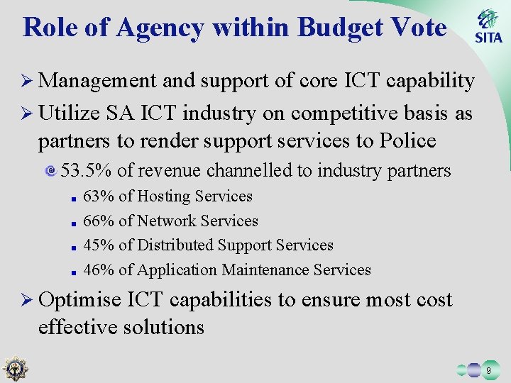 Role of Agency within Budget Vote Ø Management and support of core ICT capability