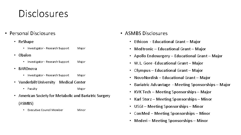 Disclosures • Personal Disclosures • ASMBS Disclosures • Ethicon - Educational Grant – Major