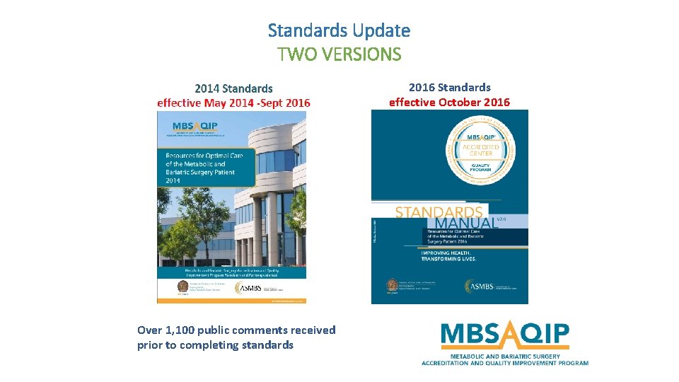 Standards Update TWO VERSIONS 2016 Standards effective October 2016 Over 1, 100 public comments