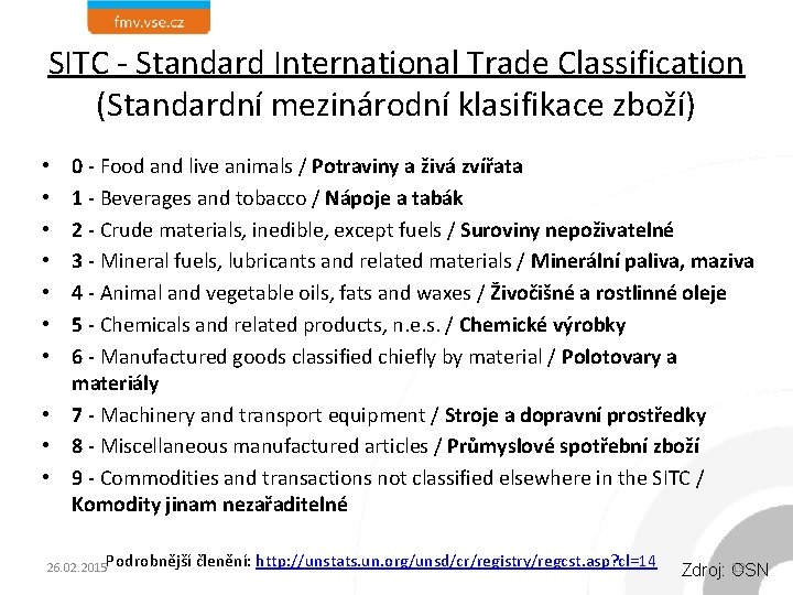 SITC - Standard International Trade Classification (Standardní mezinárodní klasifikace zboží) 0 - Food and