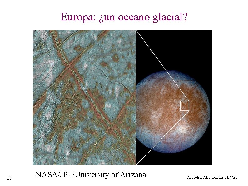 Europa: ¿un oceano glacial? 30 NASA/JPL/University of Arizona Morelia, Michoacán 14/4/21 
