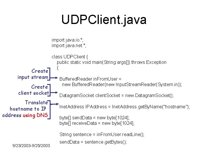 UDPClient. java import java. io. *; import java. net. *; Create input stream Create