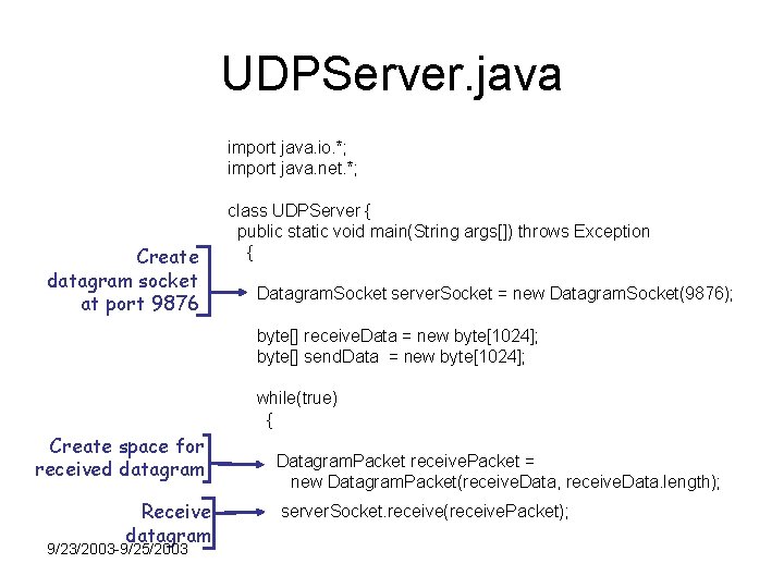 UDPServer. java import java. io. *; import java. net. *; Create datagram socket at