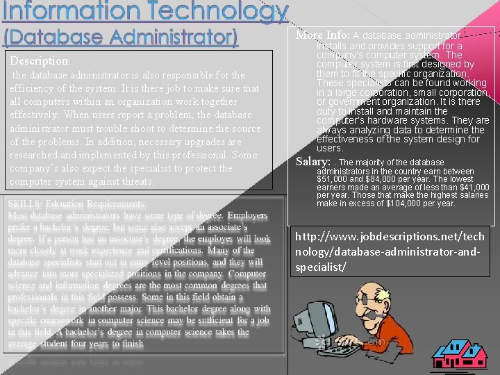 More Info: A database administrator Description: the database administrator is also responsible for the