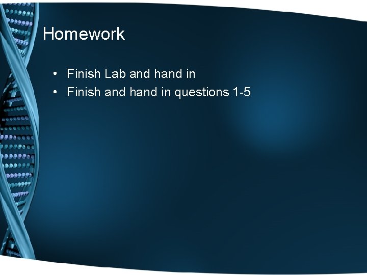 Homework • Finish Lab and hand in • Finish and hand in questions 1