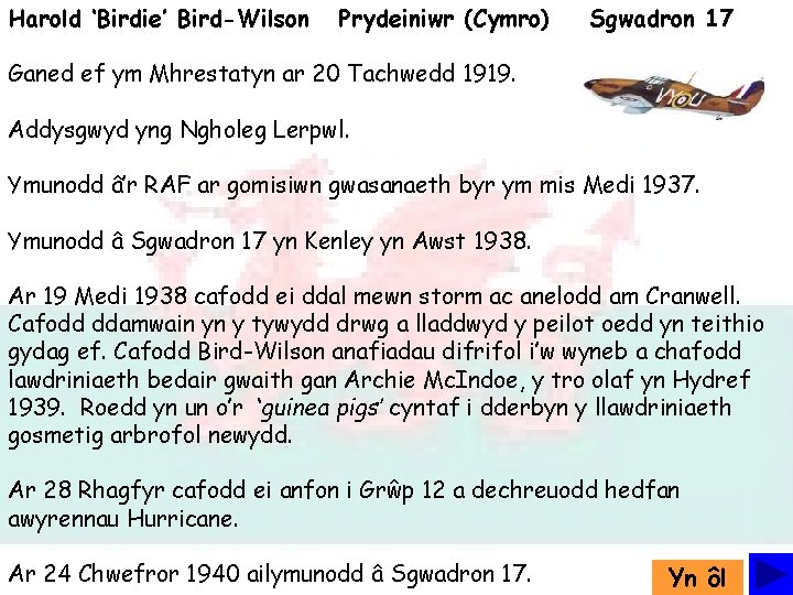 Harold ‘Birdie’ Bird-Wilson Prydeiniwr (Cymro) Sgwadron 17 Ganed ef ym Mhrestatyn ar 20 Tachwedd