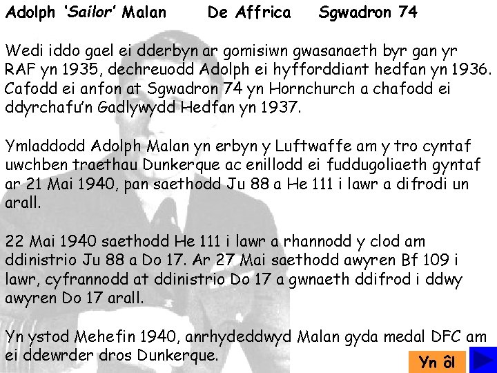 Adolph ‘Sailor’ Malan De Affrica Sgwadron 74 Wedi iddo gael ei dderbyn ar gomisiwn