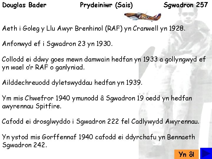 Douglas Bader Prydeiniwr (Sais) Sgwadron 257 Aeth i Goleg y Llu Awyr Brenhinol (RAF)